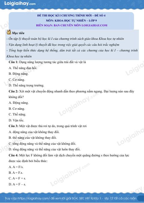 Đề thi học kì 1 KHTN 9 Chân trời sáng tạo - Đề số 4
